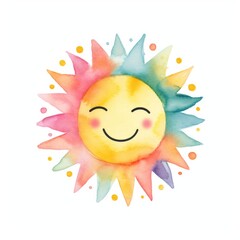 cute sun with face in watercolor style isolated on white background. Generative AI