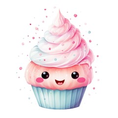 cute cupcake with face in watercolor style isolated on white background. Generative AI