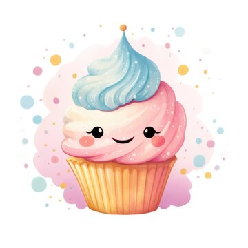 cute cupcake with face in watercolor style isolated on white background. Generative AI