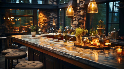 Asymmetrical, low-angle close-up of a rustic, warm kitchen island in a modern farmhouse, bathed in cozy artificial light, exuding industrial charm.