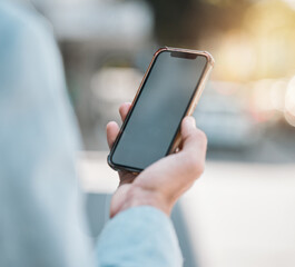 Hands, closeup and a person with a phone in the city for social media, gps location and notification. Screen, website and an employee with a mobile for a direction app, morning news or email