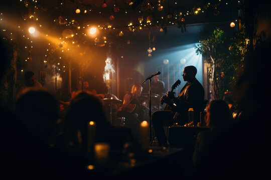 Unplugged Serenade. Intimate Concert in a Small Venue with Acoustic Guitarist. AI Generative