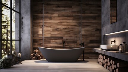  a bathroom with a large tub and a wooden wall behind it.  generative ai