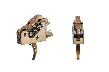 Shock trigger for gun isolate on white back. Gun trigger. Repair spare part.