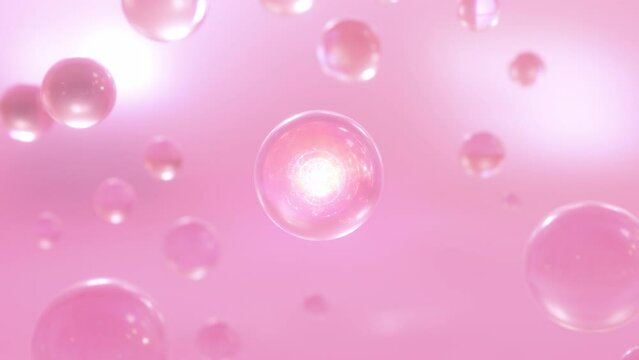 A macro shot of numerous bubbles rising in water on a pink background. extra-slow motion Glossy beauty Bubbles or droplets of moisturizer 3D animation find an exclusive extract.