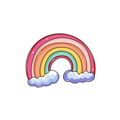 Colorful rainbow with clouds and stars on the sky illustrations - flat style kawaii sky on white background in boho style colors