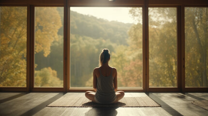 A peaceful scene of a woman meditating in a quiet room with breathtaking views to the forest. Yoga, De Rose, Wellness and mindfulness concept. AI Generative	