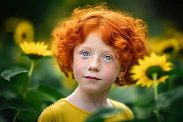 Cute little boy with red curly hair in sunflowers field summer. Generative AI technology created portrait.
