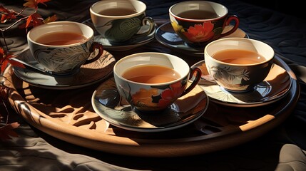  four cups of tea sit on a tray with autumn leaves.  generative ai