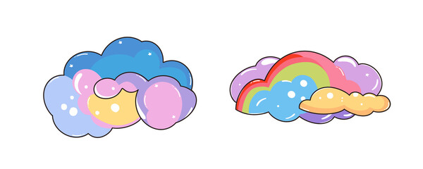 Set of colorful clouds illustrations - flat style kawaii sky on white background
