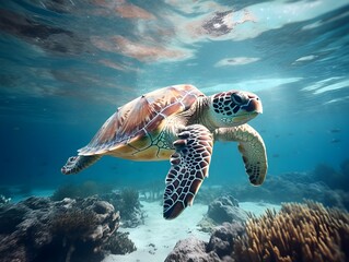 Obraz premium Unberührte Schönheit: Schildkröte schwimmt durch klare Gewässer der Bahamas