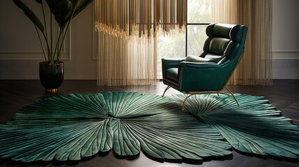  a green chair sitting on top of a wooden floor next to a window.  generative ai