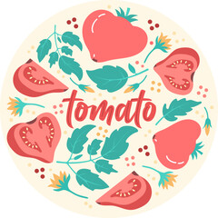 Vector vintage background with fresh vegetables tomatos  Color hand drawn illustration with full , halves and slices tomatoes and leaves  . Template for label or card design.