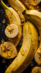 Creative fruits vegetable concept. Fresh banana bananas glistering with water droplet