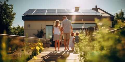 Fototapeta na wymiar Happy Family with Solar Panels on Modern House Rooftop, Solar Panel on rooftop, family in the garden