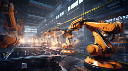 Industrial robot works automatically in smart autonomous factory. Postproducted generative AI illustration.