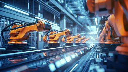 Fototapeta premium Industrial robot works automatically in smart autonomous factory. Postproducted generative AI illustration.