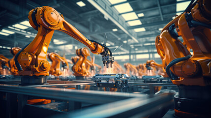 Fototapeta premium Industrial robot works automatically in smart autonomous factory. Postproducted generative AI illustration.