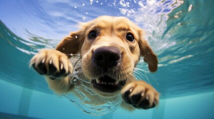 a dog swimming in a pool with his paws up to the camera.  generative ai
