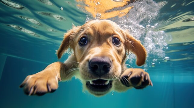 a dog swimming in the water with its paws up to the camera.  generative ai