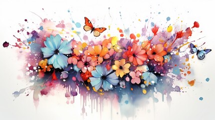  a painting of butterflies and flowers with paint splatters.  generative ai