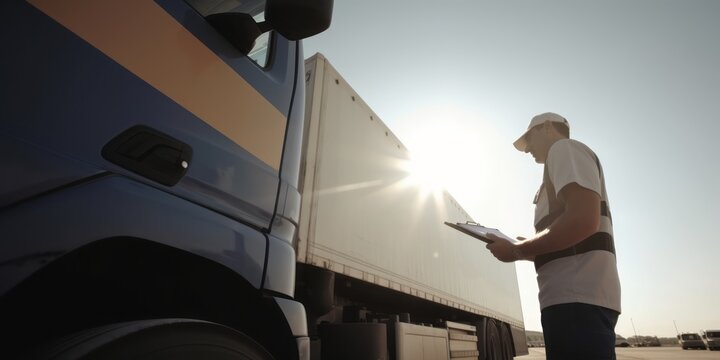 Worker with Clipboard by Truck Delivering Merchandise under Summer Blue Sky, transport cargo via truck, checking list