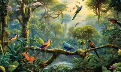 a painting of birds sitting on a branch in a jungle.  generative ai