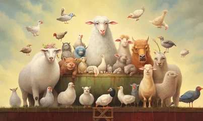 Fotobehang  a painting of a farm scene with sheep, chickens, chickens, and sheep.  generative ai © Anna