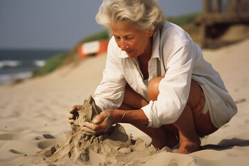 old lady making sandcastle on the beach AI generated