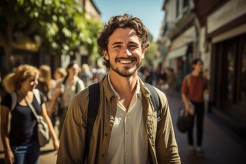 Fototapeta premium A friendly tour guide leading a group of tourists through bustling city streets, pointing out landmarks and sharing fascinating historical facts. Generative AI