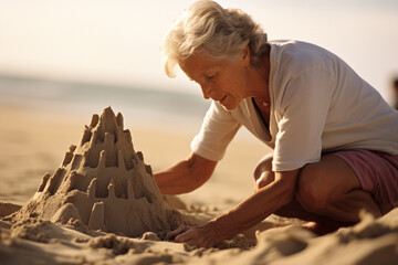 old lady making sandcastle on the beach AI generated