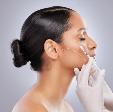 Profile, filler and botox with woman and injection for plastic surgery, dermatology and beauty. Pattern, aesthetic and medical with model and syringe on grey background for collagen and cosmetics