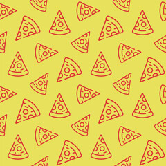 Small red contour triangular pizza slices isolated on yellow background. Monochrome linear seamless pattern. Vector simple flat graphic illustration. Texture.