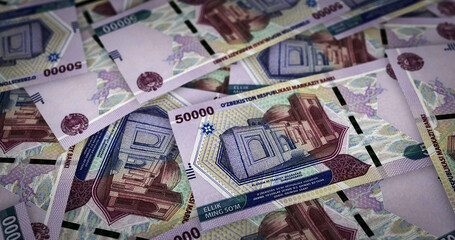 Uzbekistan Sum note money printing concept 3d illustration~