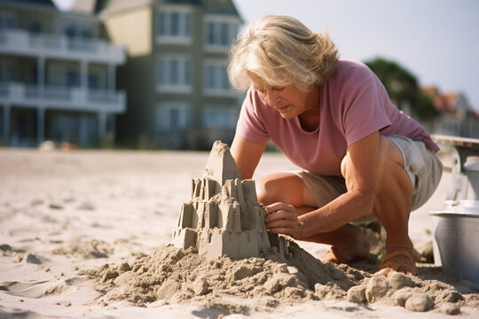 old lady making sandcastle on the beach AI generated