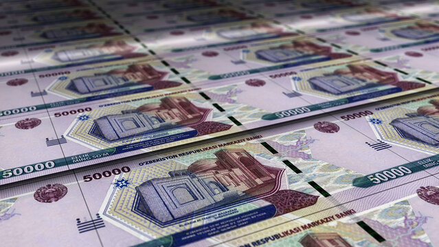 Uzbekistan Sum note money printing concept 3d illustration~