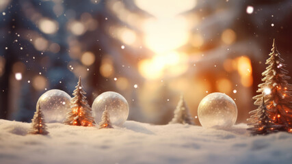 Christmas decorations in snowfall. Selective focus and shallow depth of field. Bokeh background.