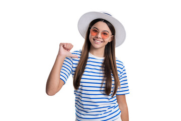 summer trendy positive teen girl on background. summer trendy teen girl in studio.