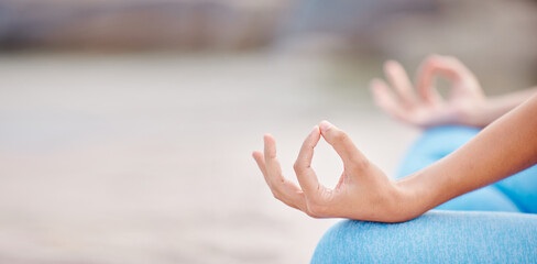 Woman, hands and yoga on mockup for meditation, spiritual wellness or outdoor zen workout in fitness. Closeup of calm female person in relax on beach for mindfulness, awareness or inner peace
