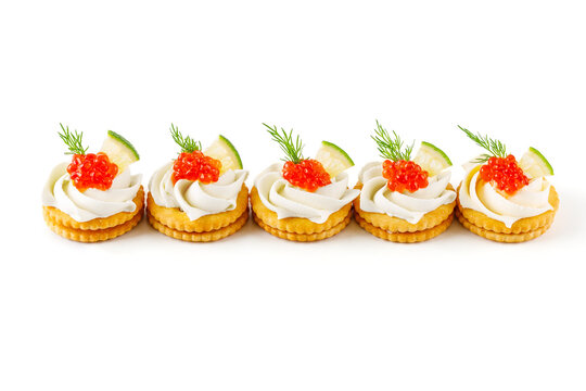 canape with fresh red caviar on white background for restaurant menu 1