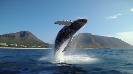 Fototapeta premium Whale Jumping From Open Water in Sea Under Blue Cloudy Sky With Bright Sun