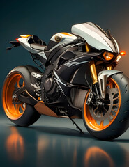 black and orange motorcycle on a reflective surface, a digital rendering 