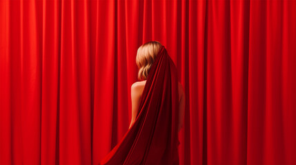 young woman against the backdrop of a theater stage, view from the back. a series of backgrounds for design in red tones. copy space