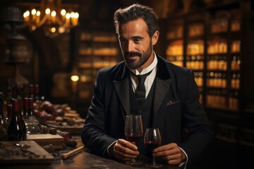 A sommelier conducting a wine tasting session in an elegant wine cellar, with various bottles displayed on rustic wooden shelves. Generative AI