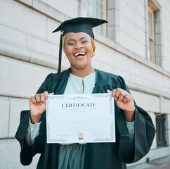 University student, graduation certificate or portrait of black woman excited for school success,...