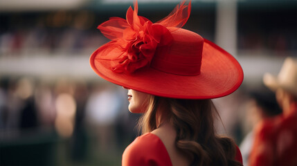young woman in a beautiful elegant red hat on the hippodrome before the races. hat parade at the races.tradition - obrazy, fototapety, plakaty