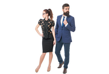 Follow the rules. Business couple in formal wear. Bearded man and sexy woman with formal look. Formal fashion and style. Dress code and formalwear. Formal work attire