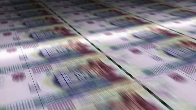Uzbekistan Sum money sheet printing. UZS banknotes loop print. Seamless and looped background concept of finance, economy crisis, inflation and business.