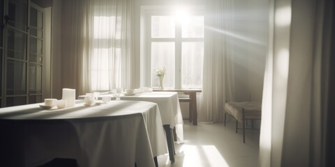 white interior of a room with a window, Serenity of Danish Design, Lens Flares and Expansive Spaces in a Studyplace with Glass Doors and Windows