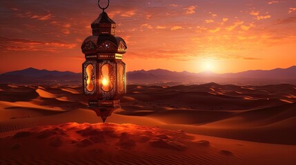 Eastern Arabic lantern on the background of the desert with a beautiful sunset. Generative AI